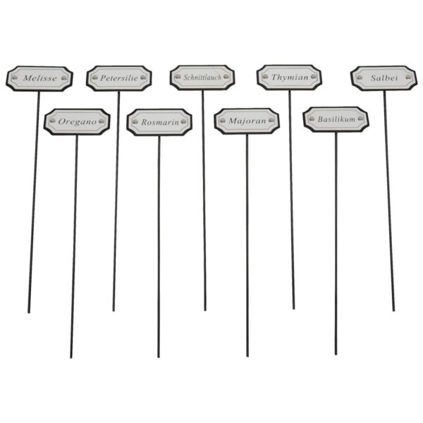 matches21 - Webshop 9 teiliges Kraeuterstecker Set Metall Hochbeet Kraeuterbeet und Gewaechshaus Kraeuterschilder fuer Garten und Balkon Witterungsbestaendige Metall Pflanzenschilder Kraeutergarten 28 cm 12 10