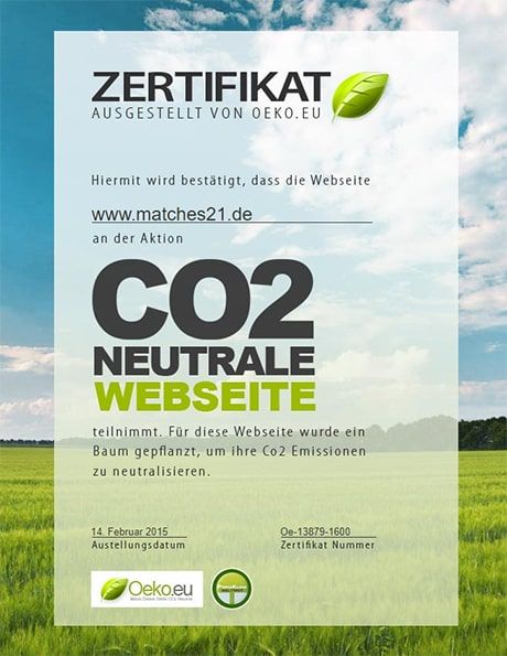 Zertifikat matches21.de Webshop ist CO2 Neutral